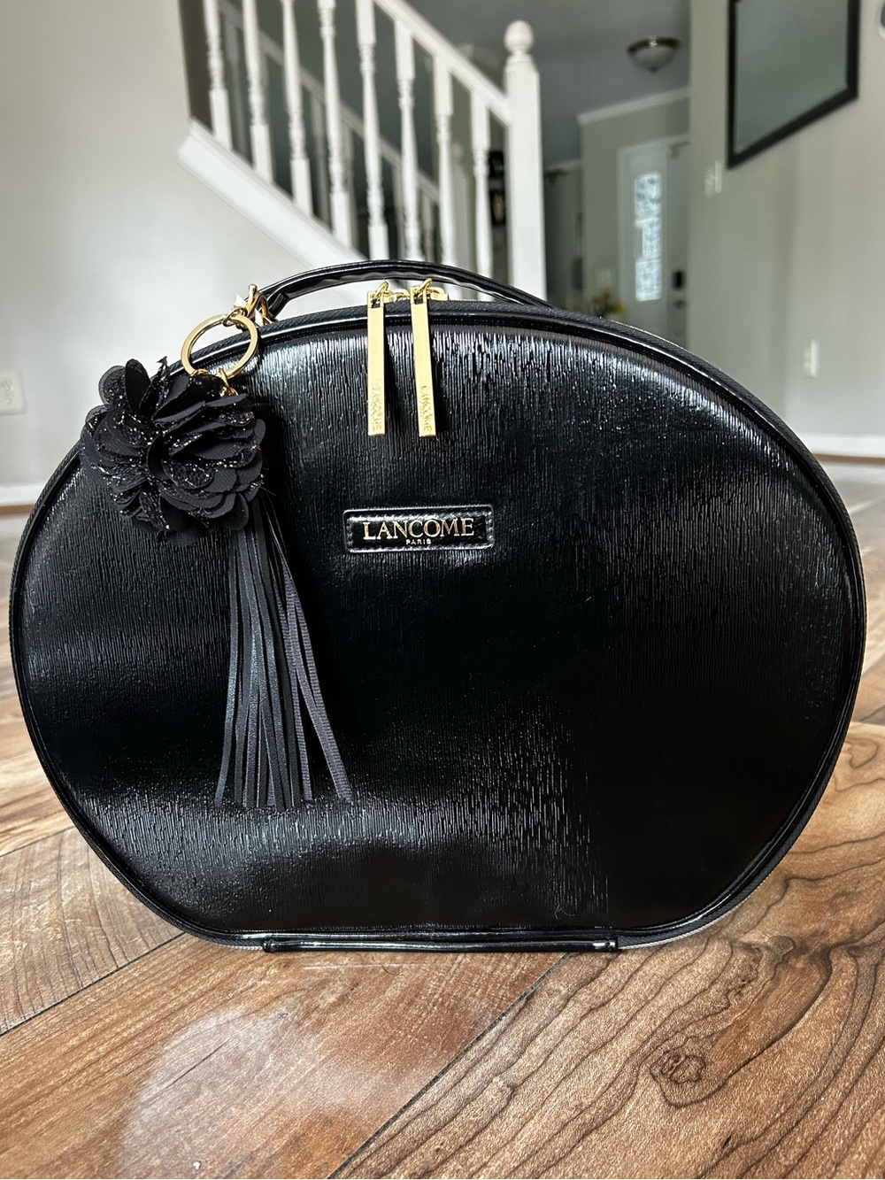 Lancôme Le Parisian Black Faux Leather Train Case Bag with Floral Tassel Charm